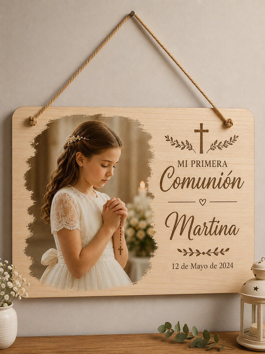 Cartel de comunión personalizado con foto en madera