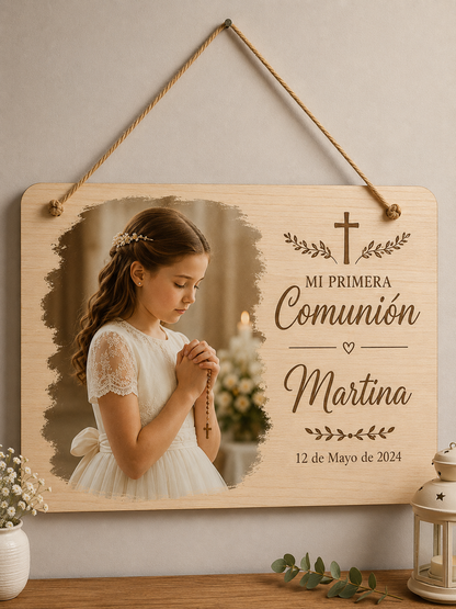 Cartel de comunión personalizado con foto en madera
