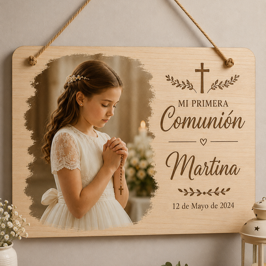 Cartel de comunión personalizado con foto en madera