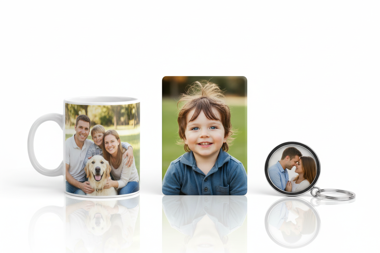 detalles personalizados, fondo blanco. Marco de imán con foto de niño, taza con foto, llavero con foto. Todo con tono profesional, limpio y armonioso