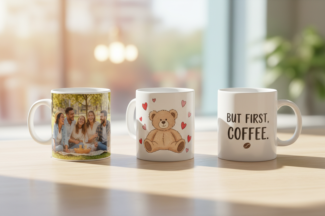 varias tazas sobre mesa limpia, fondo claro y armónico. Alguna taza con foto de amigas en un parque, otra taza con peluche de oso y corazones, otra taza con frase de cafe